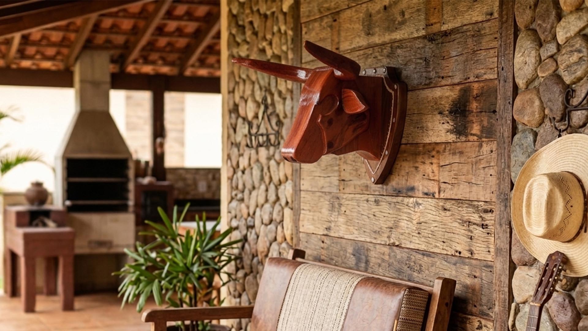 Cabeça de boi em madeira maciça decorando varanda rústica de fazenda com churrasqueira
