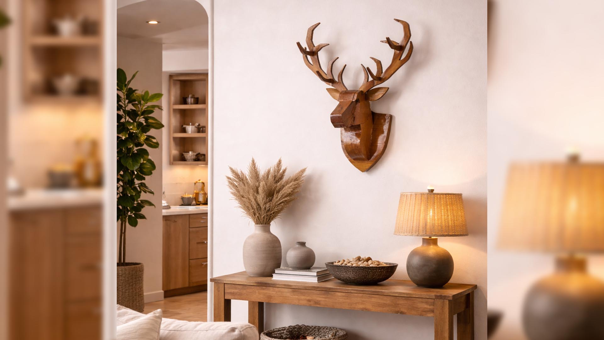 Cabeça de cervo entalhada em madeira maciça decorando sala de estar contemporânea